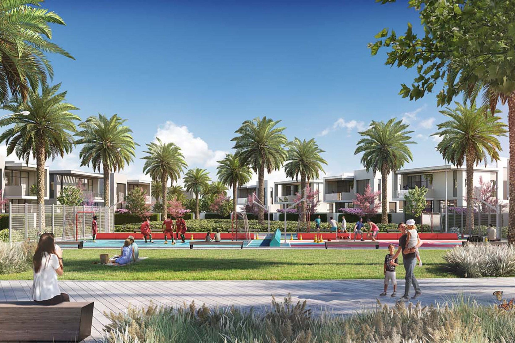 Artistic view of the new community park in Murooj Al Furjan, emphasizing recreational facilities and lush greenery.