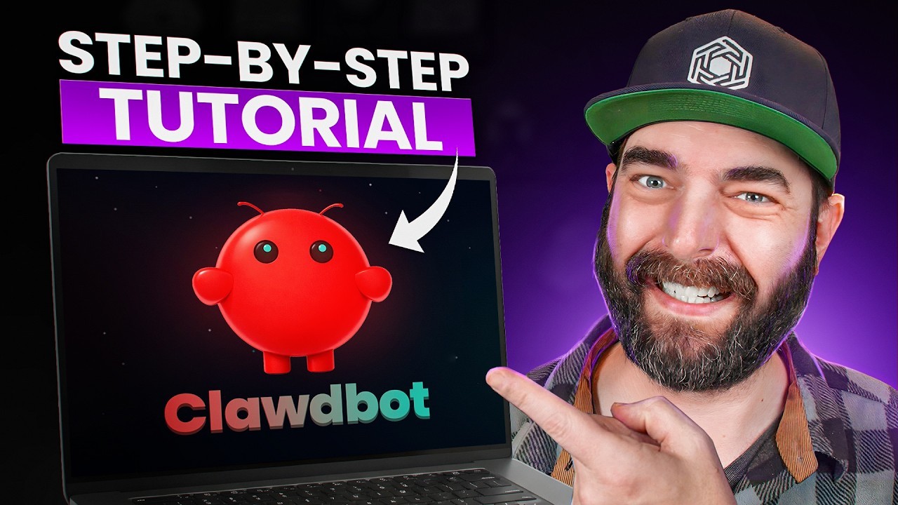 mreflow-style product reaction thumbnail with smiling host pointing at laptop robot app