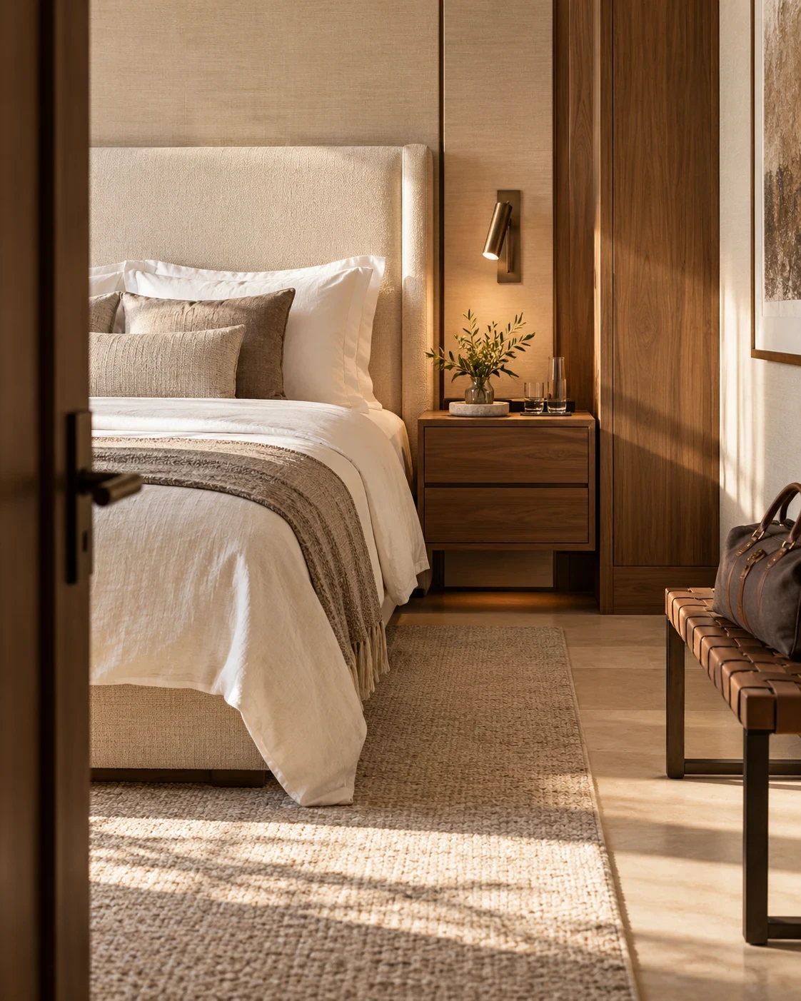 Quiet hotel guestroom with a made bed, bedside table and woven bench in soft evening light