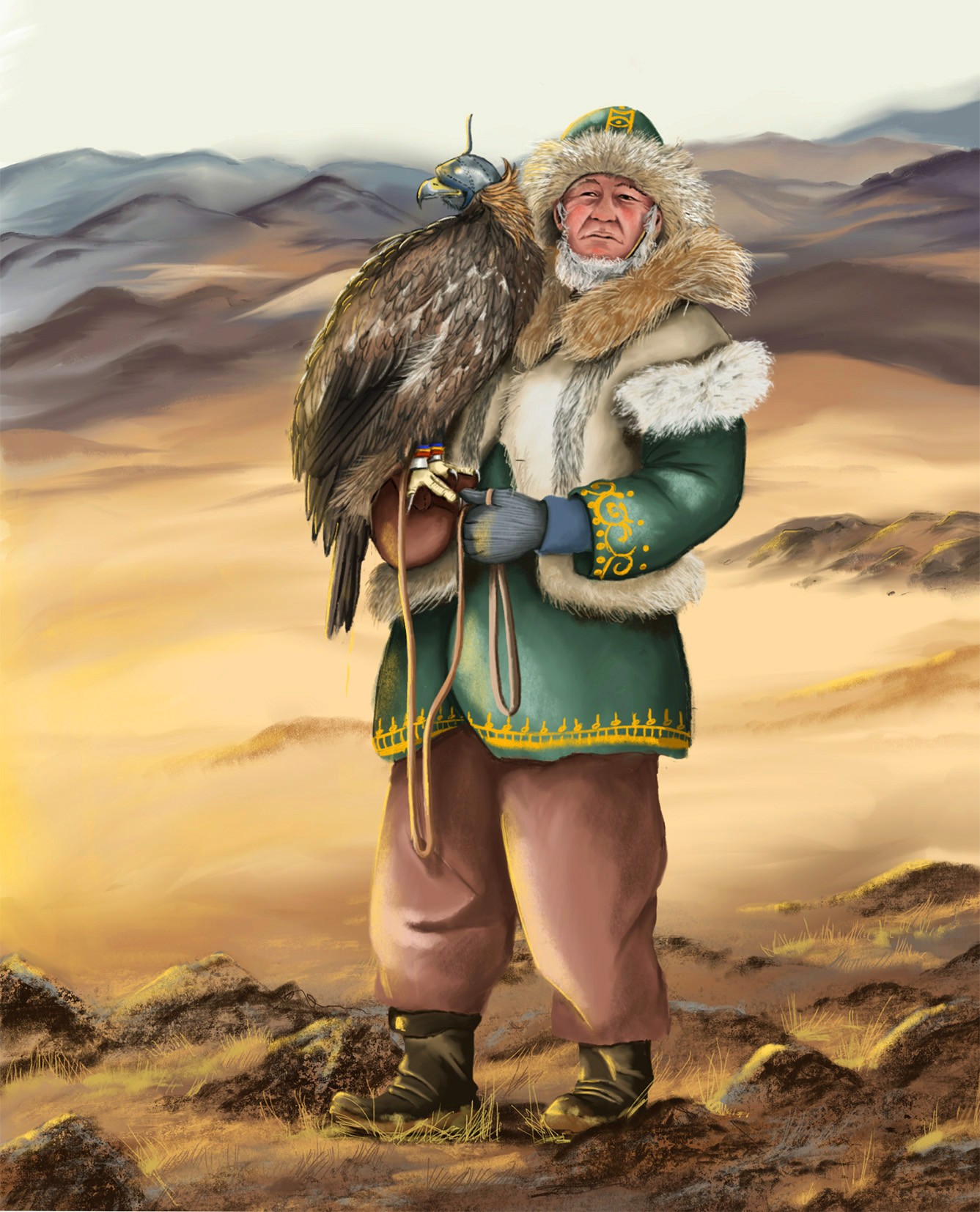 Ein nomadischer Jäger mit seinem Adler in einer felsigen Steppe