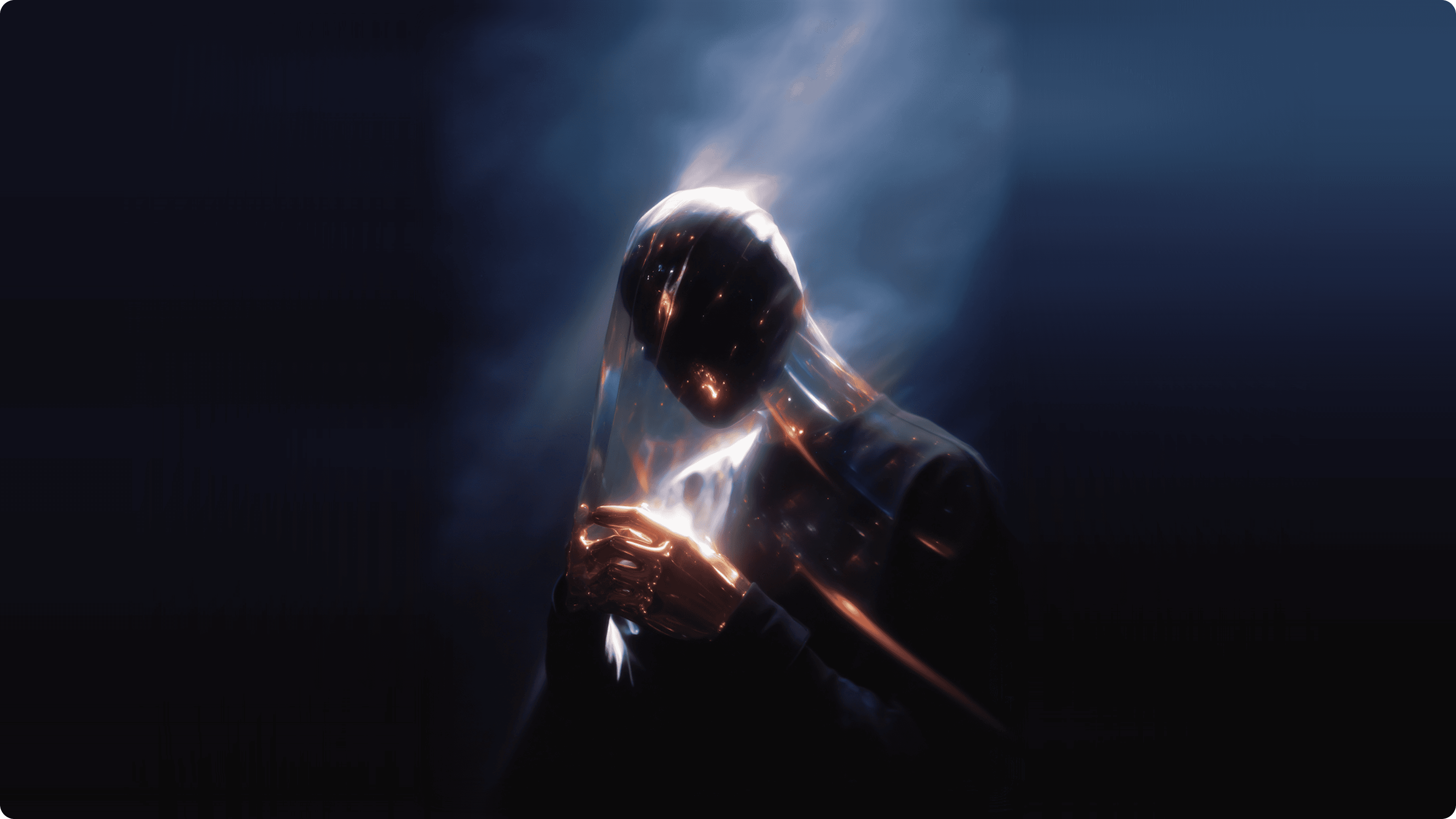 An abstract cinematic image of a dark humanoid figure covered in a shimmering, translucent veil with golden light flares, representing the biological box and the limits of human perception in design and reality by Luna UI.