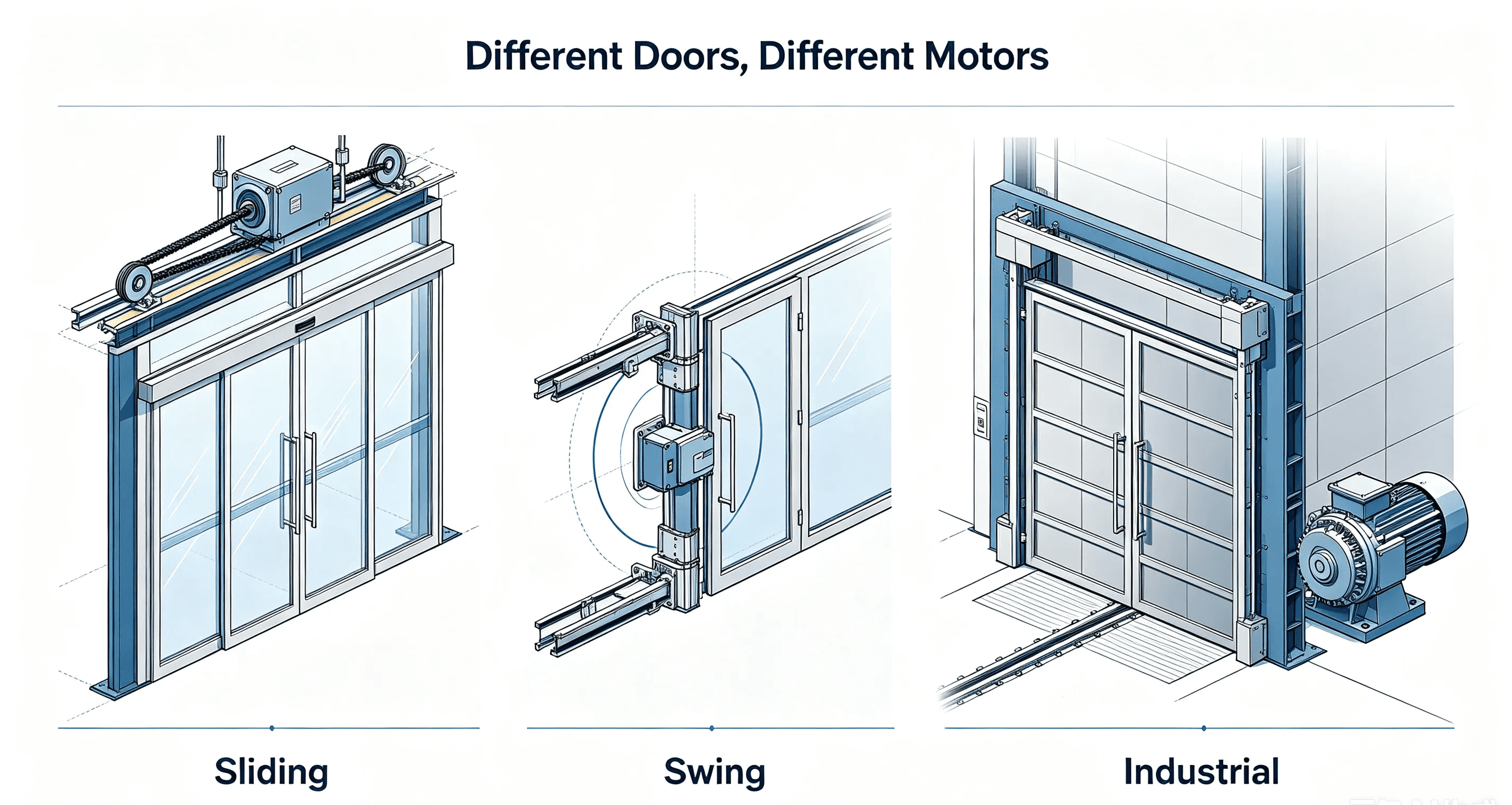 Different automatic door motor applications for sliding, swing, and industrial doors