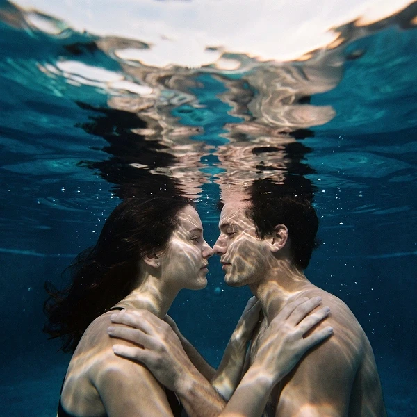 Underwater couple gently kisses beneath the rippling surface, their hands resting on each other in an intimate, serene blue scene.