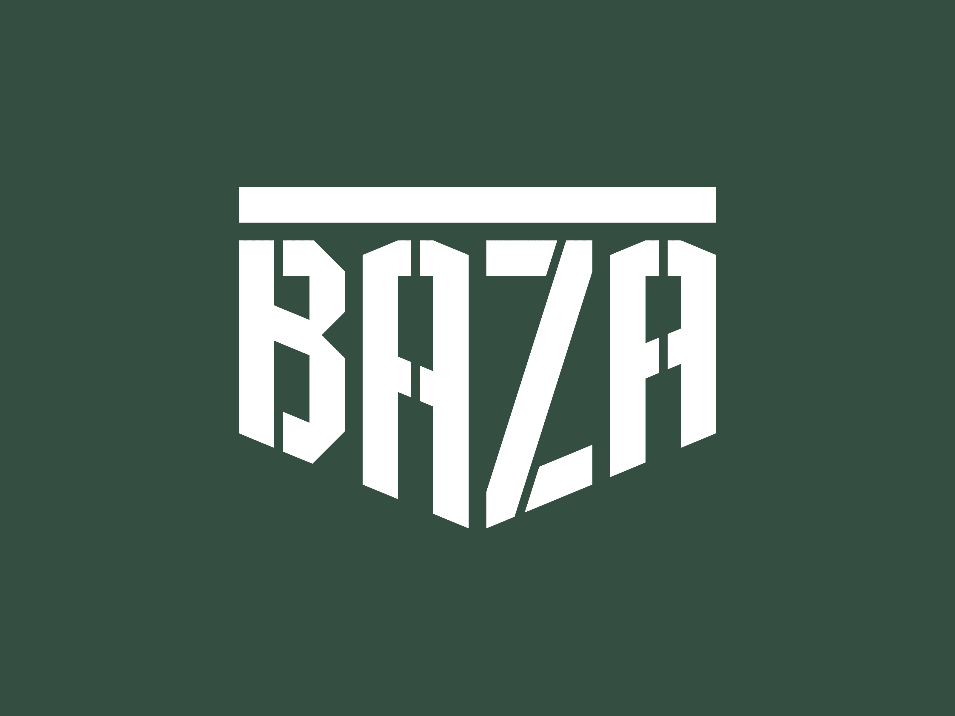 BAZA logo in white on an olive green background, demonstrating the core brand color palette.