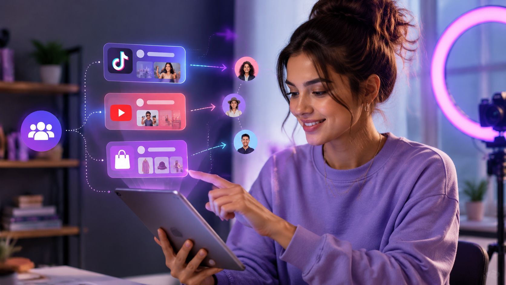 A smiling young woman using a tablet to manage content across various social media platforms and digital storefronts.