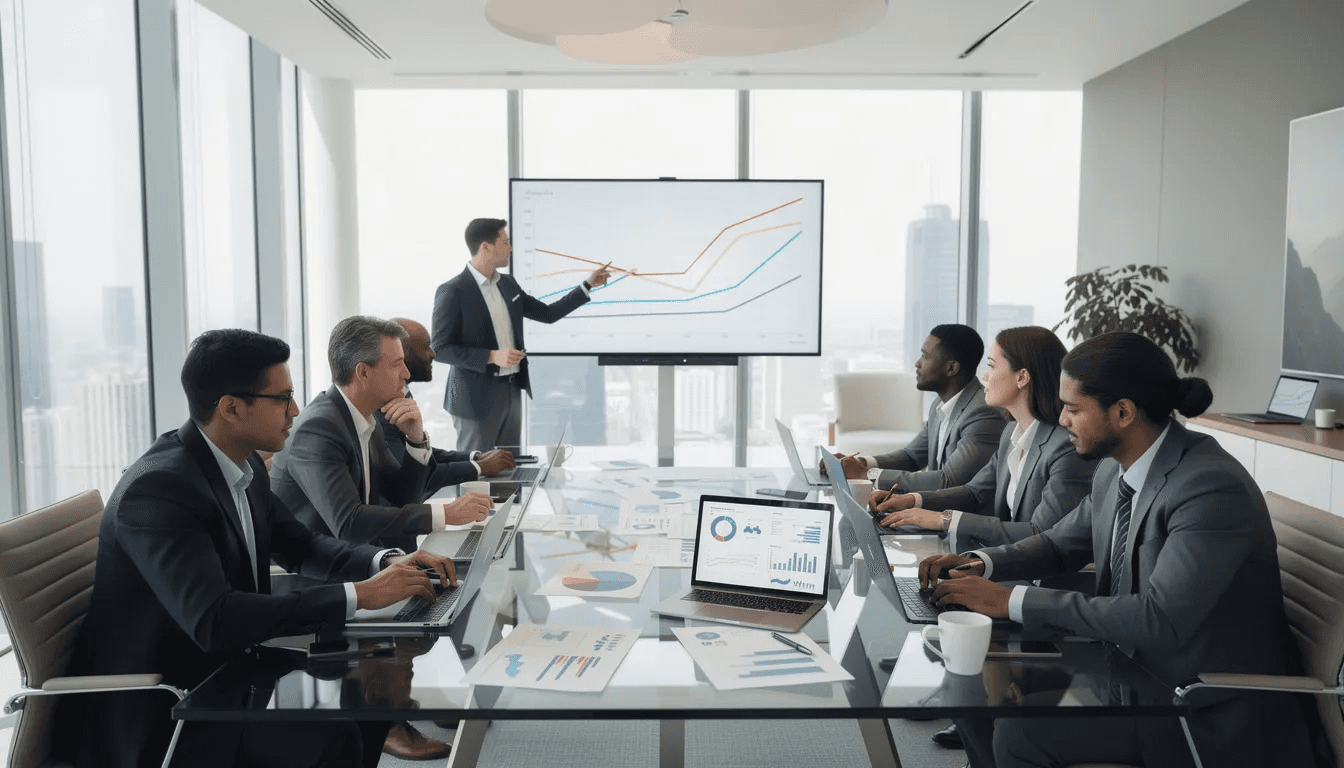 A group of business professionals is gathered in a modern office, actively reviewing charts and documents during a strategic meeting focused on market research. They are discussing industry trends and analyzing data to gain actionable insights that will inform their business strategies and enhance their competitive edge.