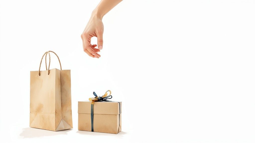 A hand reaches down towards a brown paper shopping bag and a gift box with a ribbon on white.