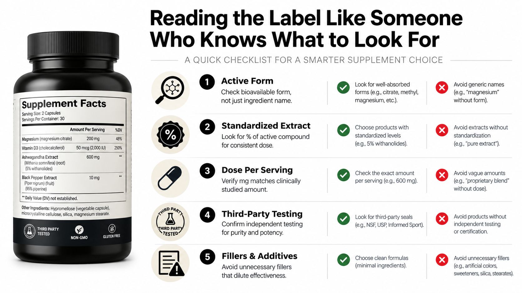 A guide on how to read supplement labels, featuring an example bottle and a five-point checklist.
