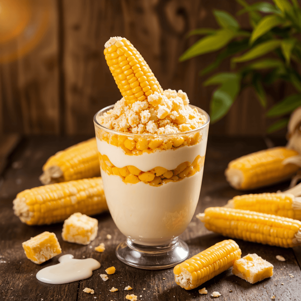 product photography of a cup of corn dessert with cream and crumbled topping