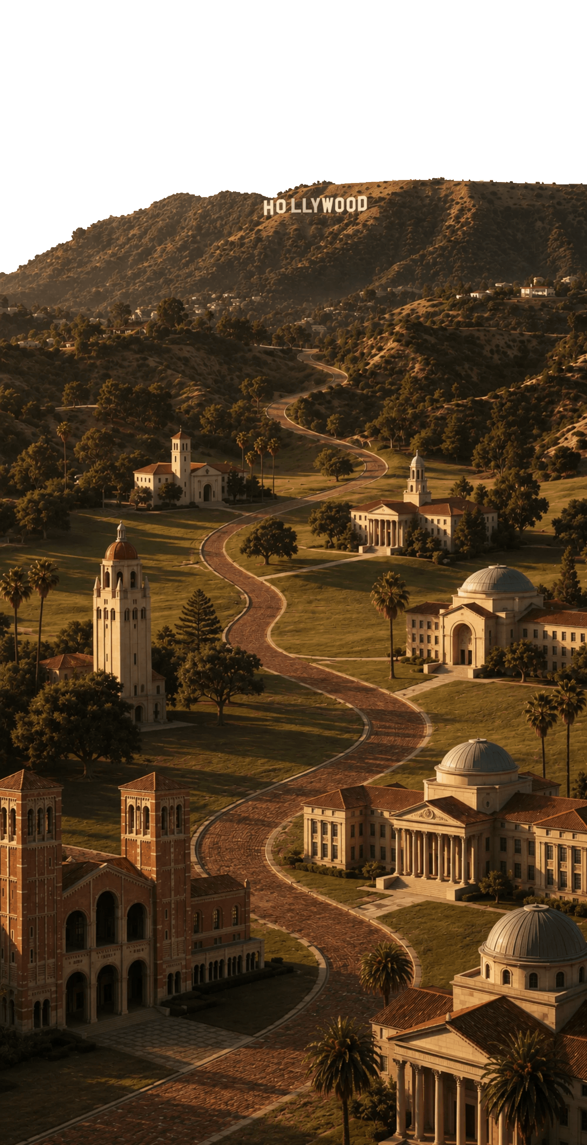 Aerial view of a university campus near the Hollywood Hills with palm-lined pathways and historic buildings