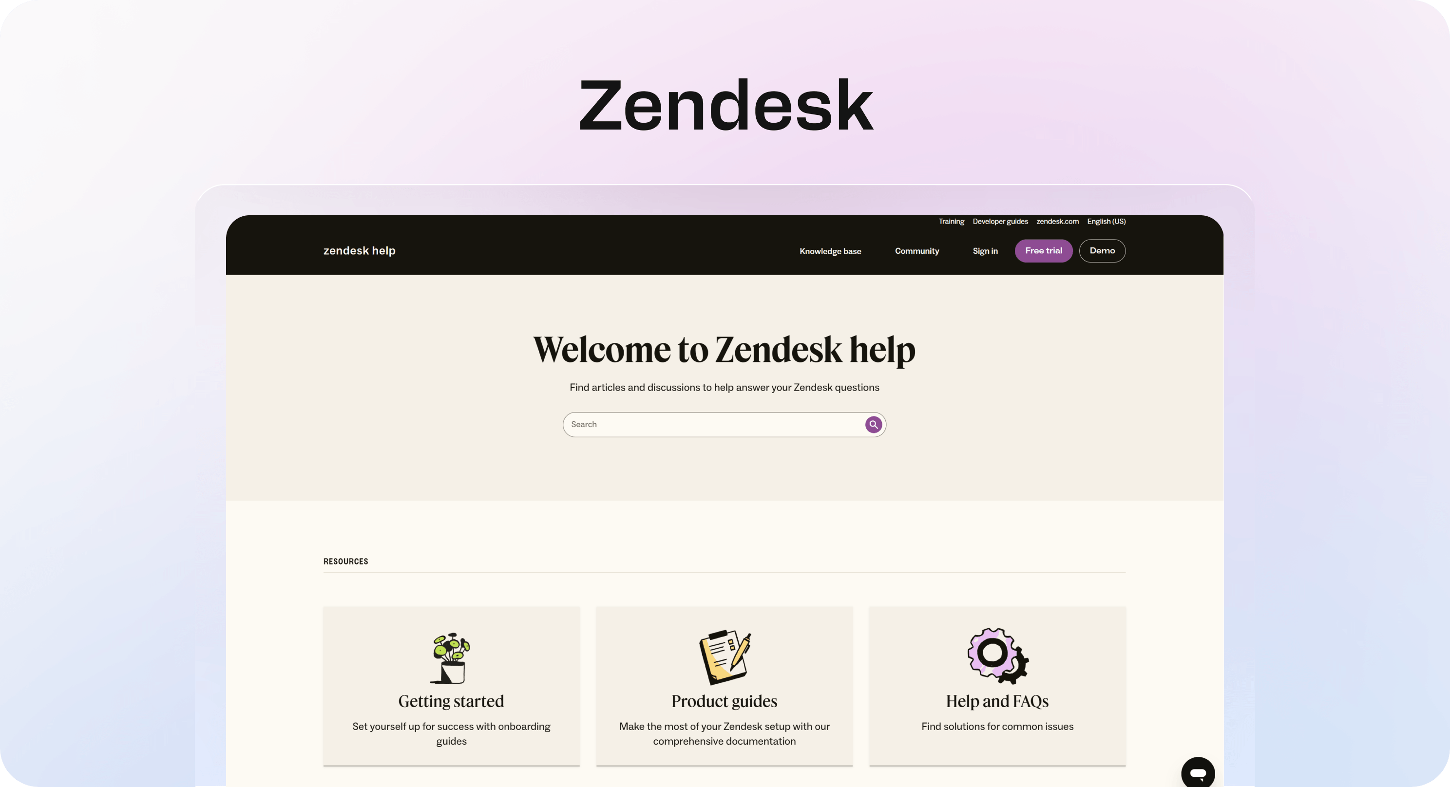 Screenshot of Zendesk’s help center with a central search bar and resource cards for getting started, product guides, and FAQs.