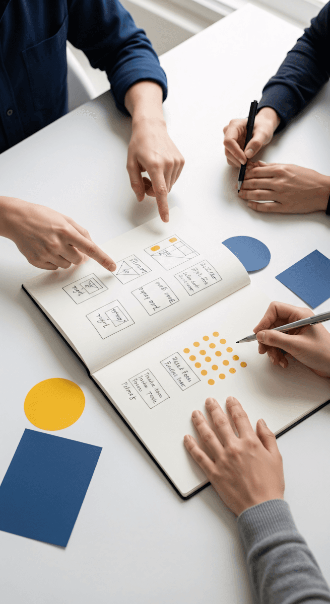 Three people collaborate at a table, pointing and writing in a notebook with diagrams and notes.