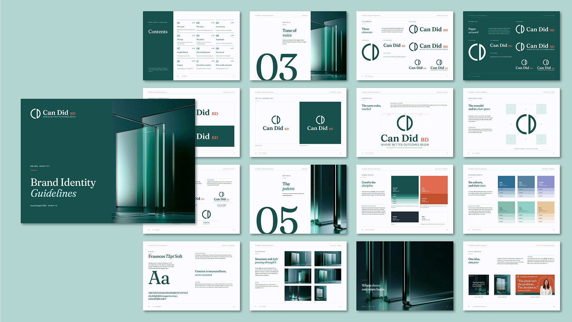 Can Did BD visual identity guidelines and presentation deck spreads by Huw Mathias.