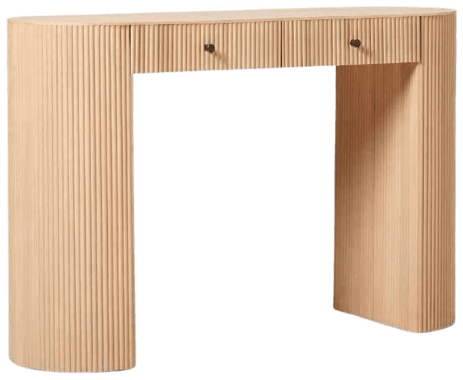 Wooden console table with drawers and ribbed side panels