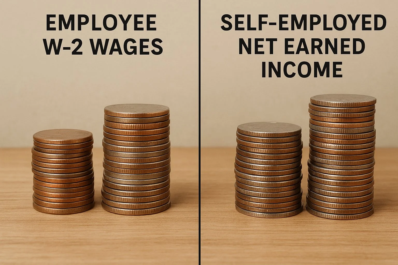 Split scene comparing W-2 employee wages with stacking coins on one side and self-employed net earned income with adjusted coin amounts on the other.