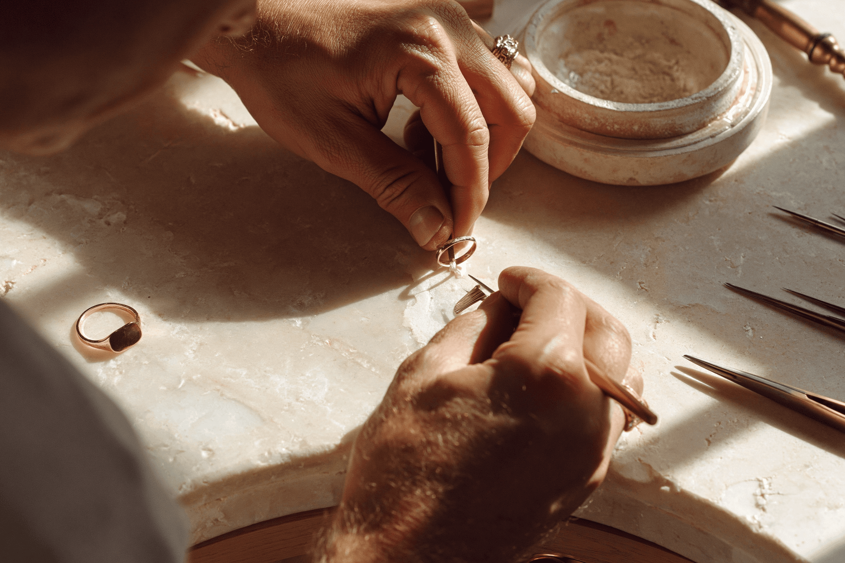 Close-up of a jeweler's hands carefully working on a small ring with precision tools on a sunlit workbench, surrounded by tweezers and another finished ring.