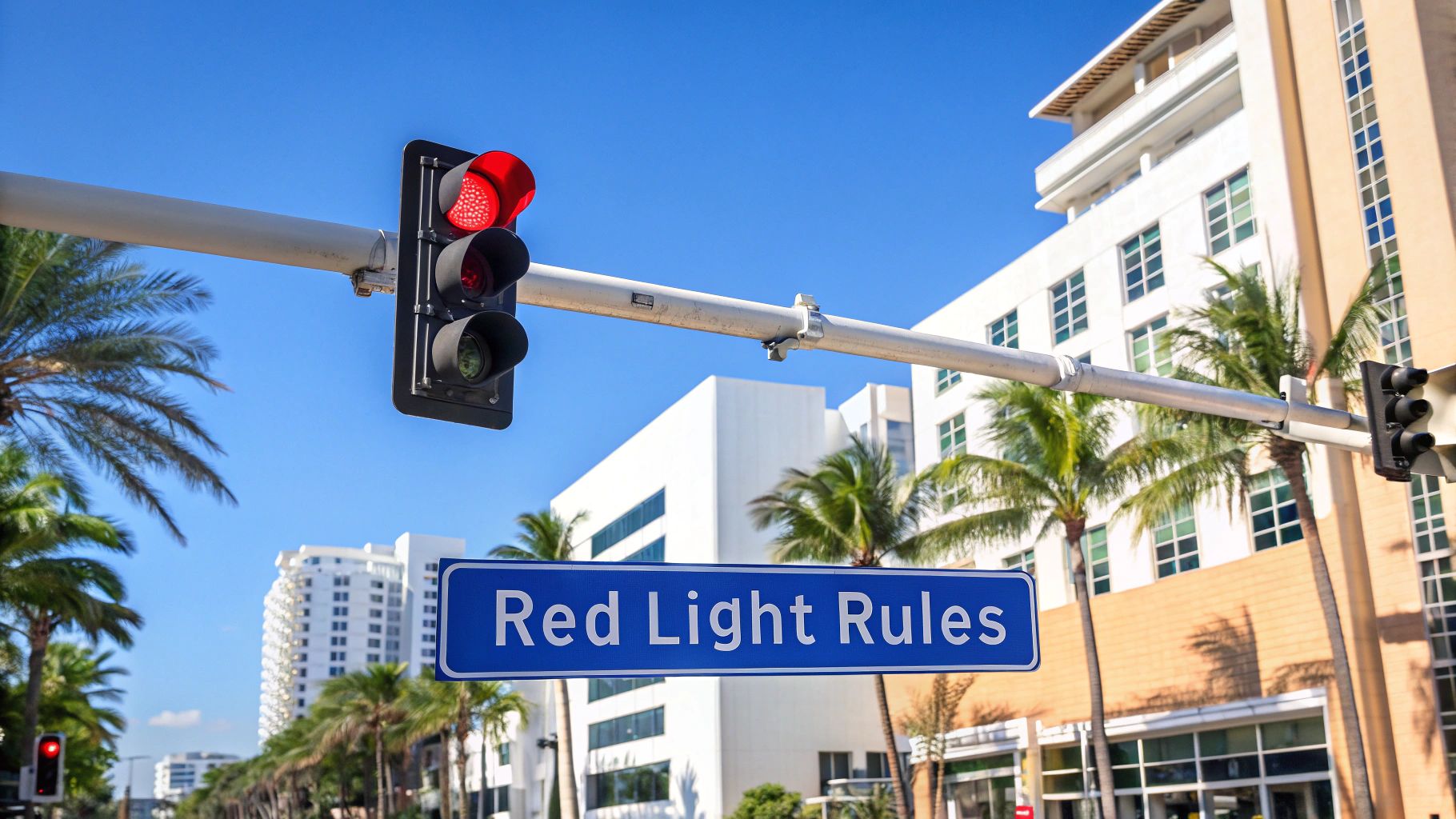 A red traffic light and 'Red Light Rules' sign above a street with palm trees and buildings.