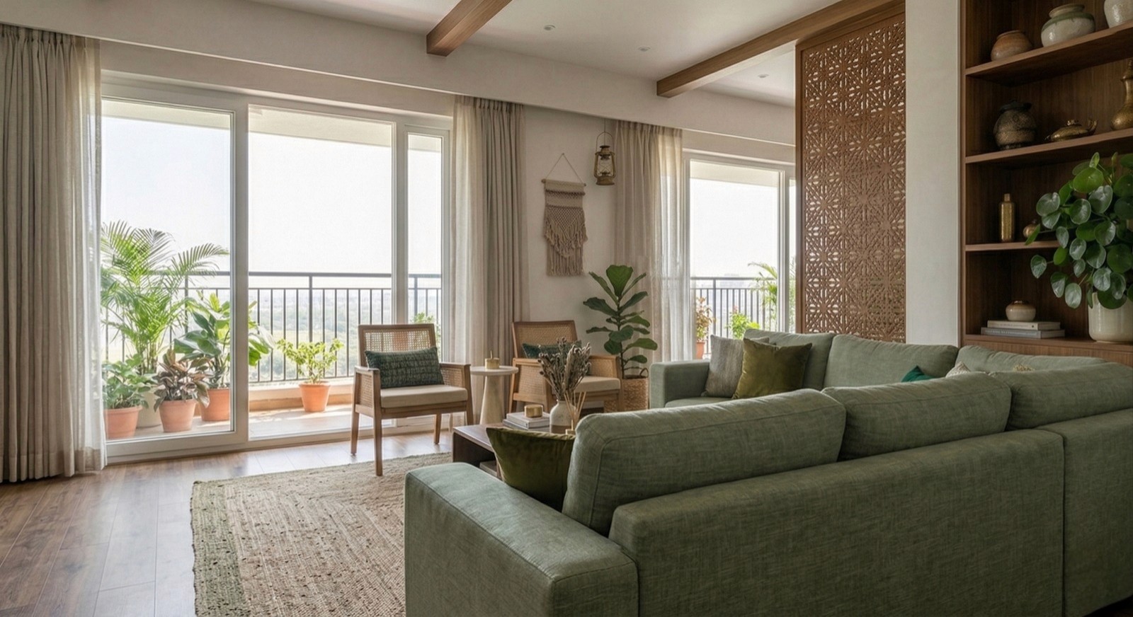 Vintage-modern living room with tufted sofas, false ceiling, and layered warm lighting.