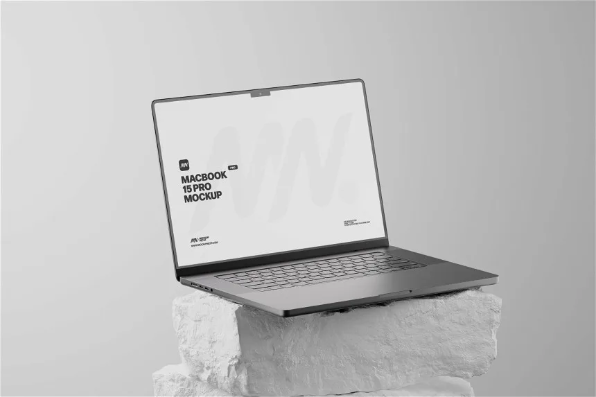 MacBook Pro mockup displayed on a rough white stone pedestal against a light gray background. The sleek laptop design contrasts with the textured base, highlighting a blend of modern and natural aesthetics.