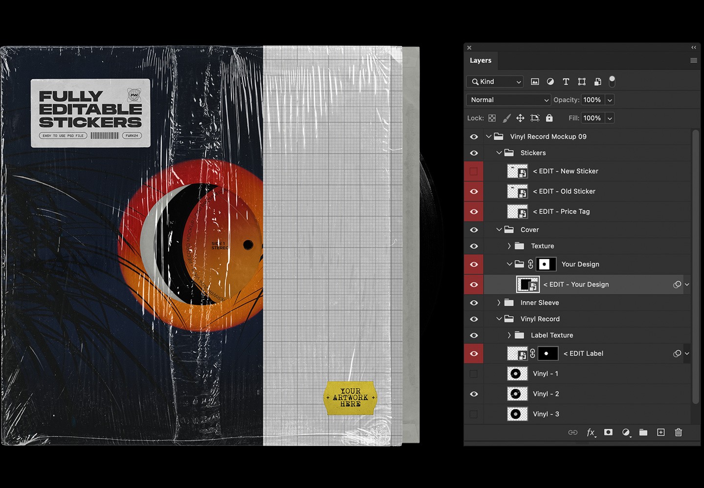 Vinyl record mockup layered Photoshop PSD showing organized smart object layers