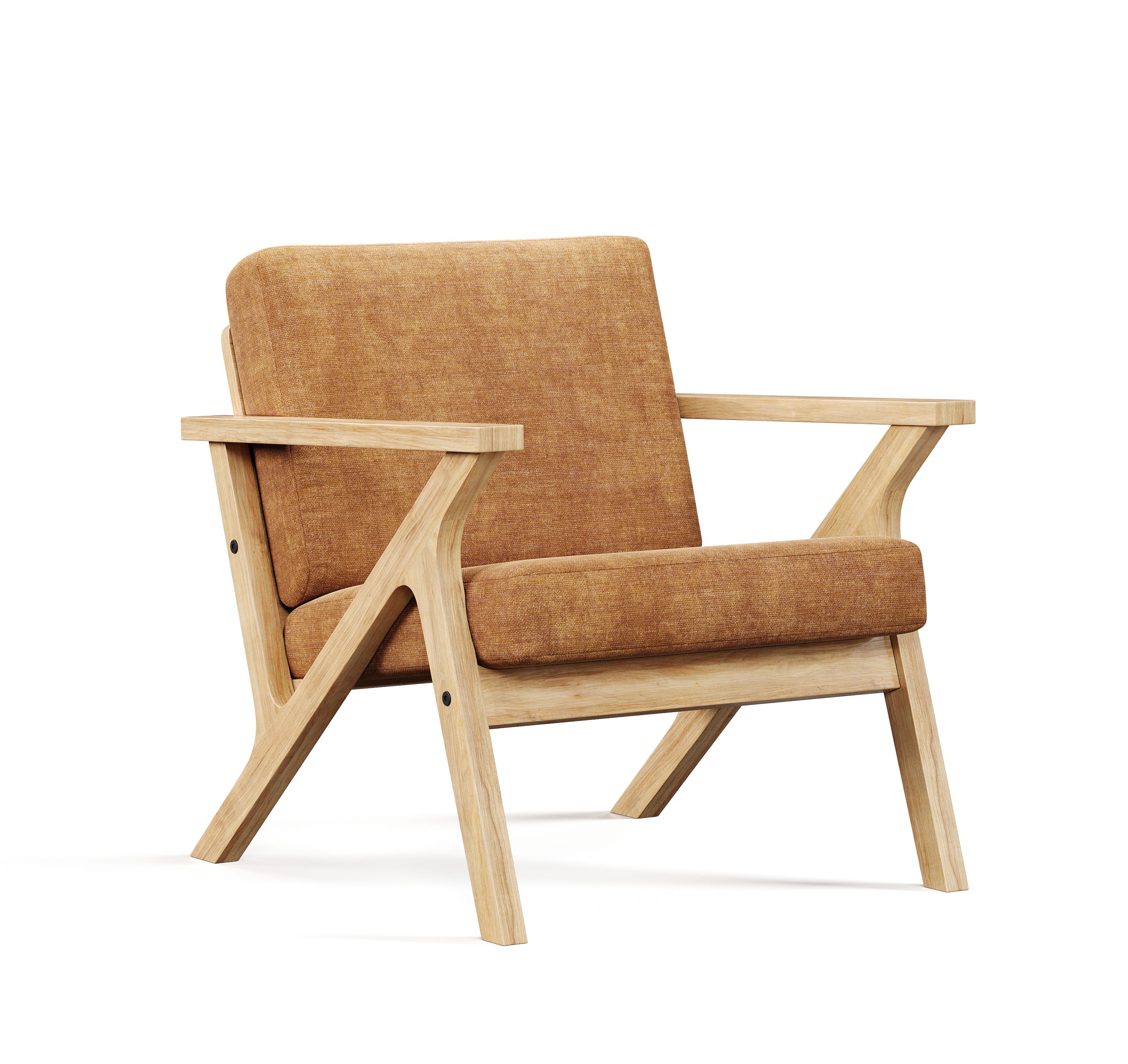 Wooden armchair with angled frame and tan fabric cushion, front 3D render on white background