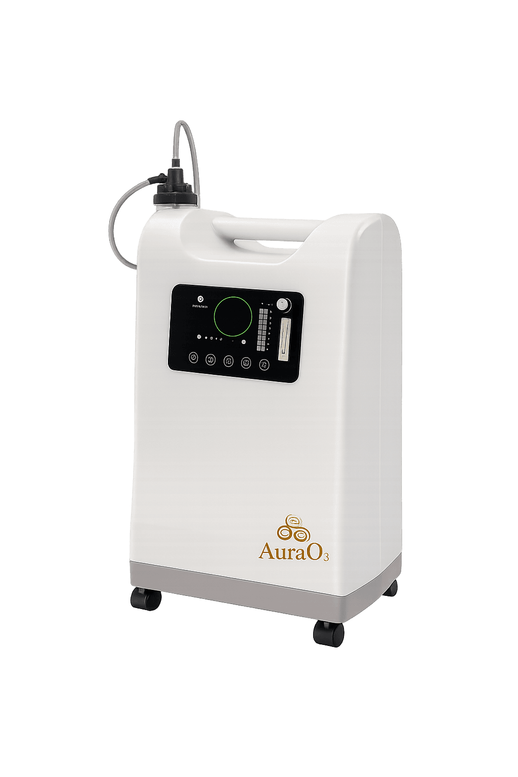 Aura O₃ A10 10L Oxygen Concentrator — high-purity medical-grade unit with LED display, continuous flow system, and compact wheeled design