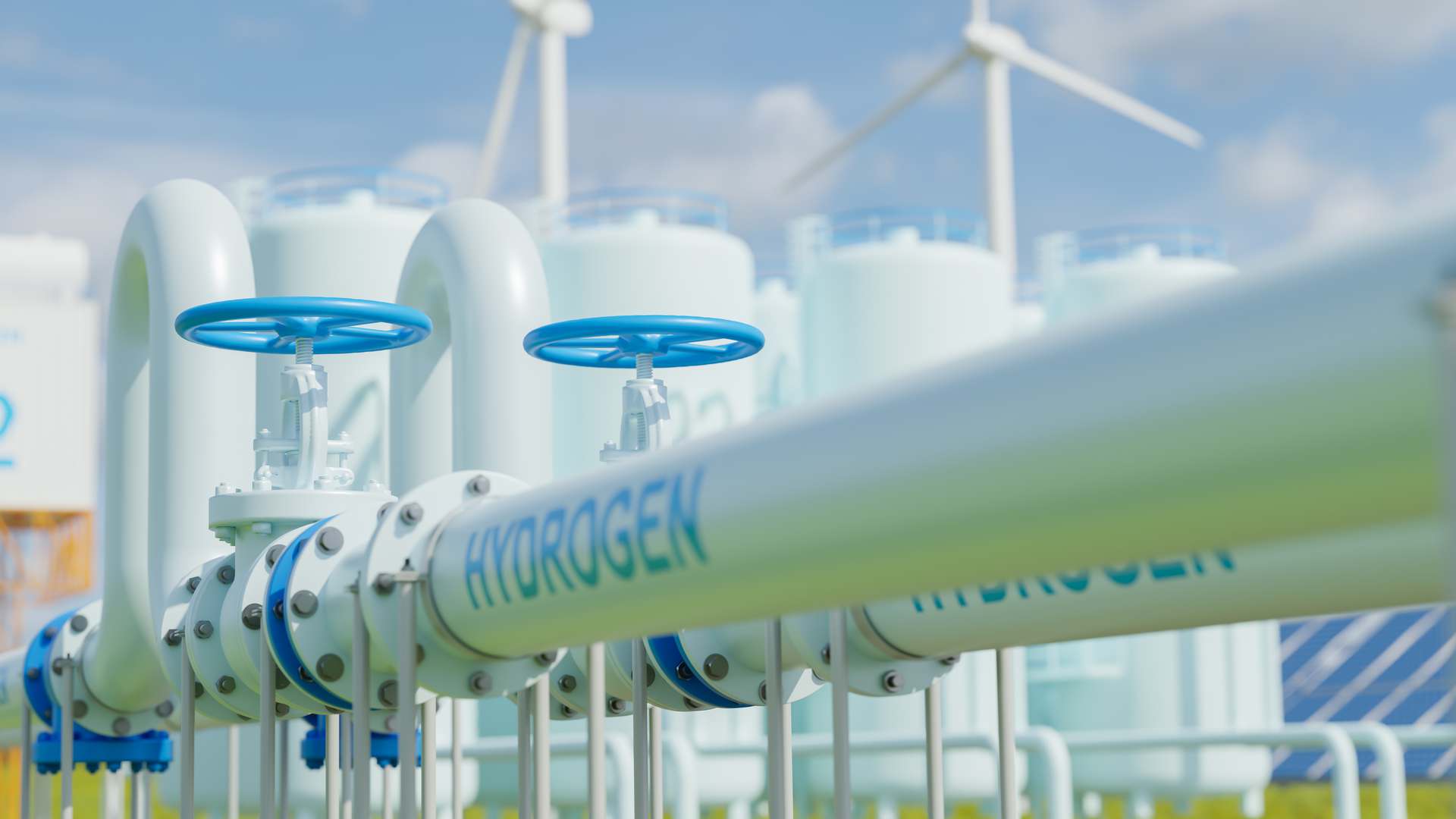 3D illustration of a green hydrogen pipeline with blue valve wheels, storage tanks and wind turbines under a blue sky