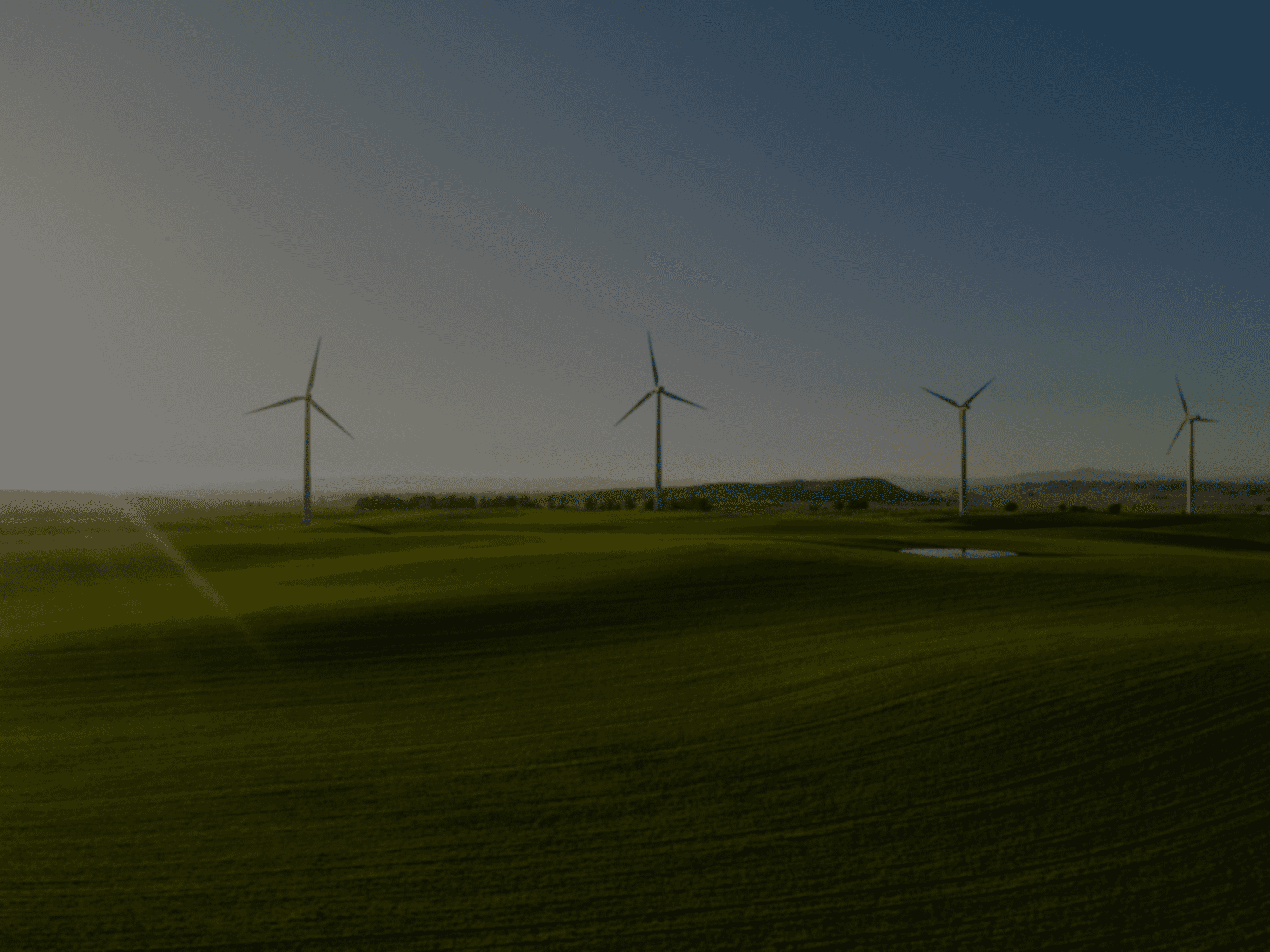 a group of wind turbines in a green field
