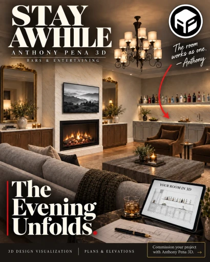 Concept lounge cover with a fireplace, mirrors and a long serving bar.