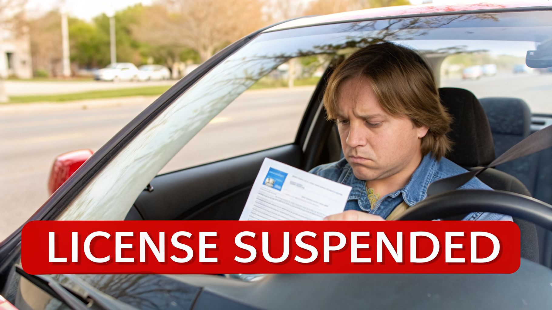 A man sits in a car, sadly reading a document, with a 'LICENSE SUSPENDED' banner overlay.