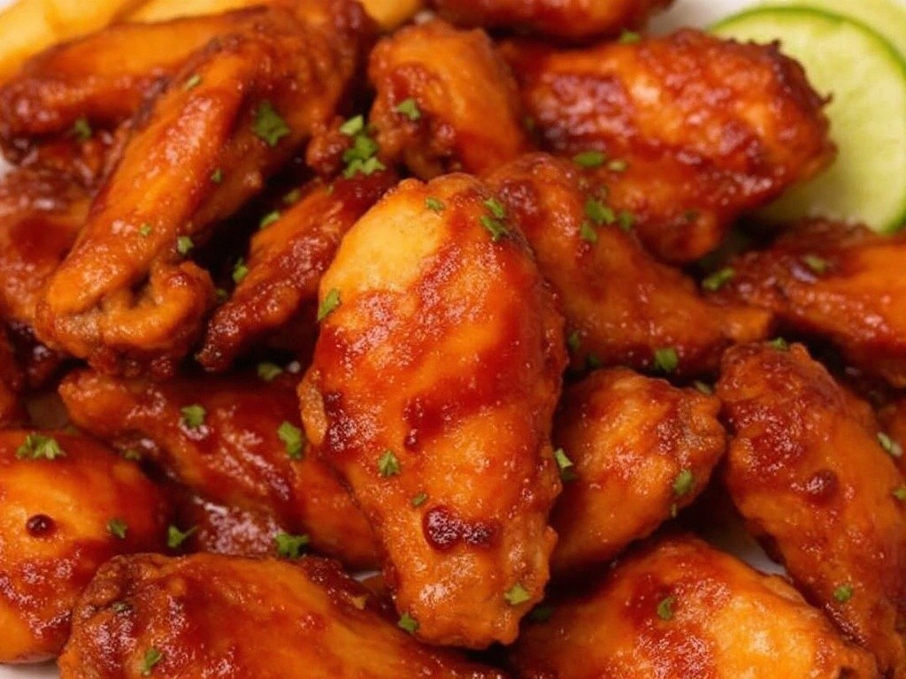 Close-up of a plate of chicken wings coated in a glossy, reddish-brown sauce, garnished with a sprinkle of green herbs. French fries and cucumber slices are visible on the edge of the plate.