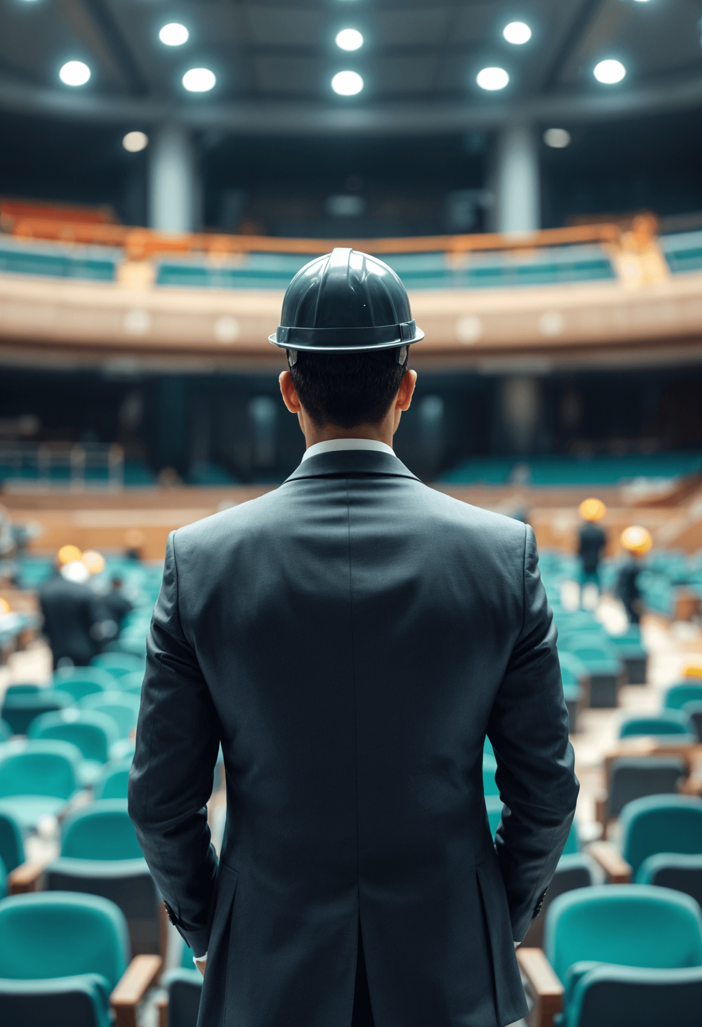 The image shows the back view of a man wearing a hard hat, standing in what appears to be an auditorium or large event space. The man is wearing a suit and facing away from the camera, with rows of seats visible behind him.