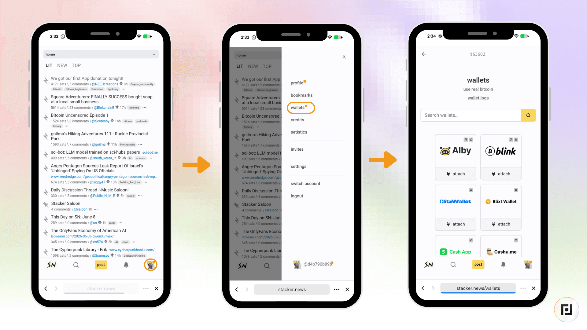 Stacker News Mini App screens on Fedi showing how to open the user menu and navigate to the Wallets section to connect a Lightning wallet