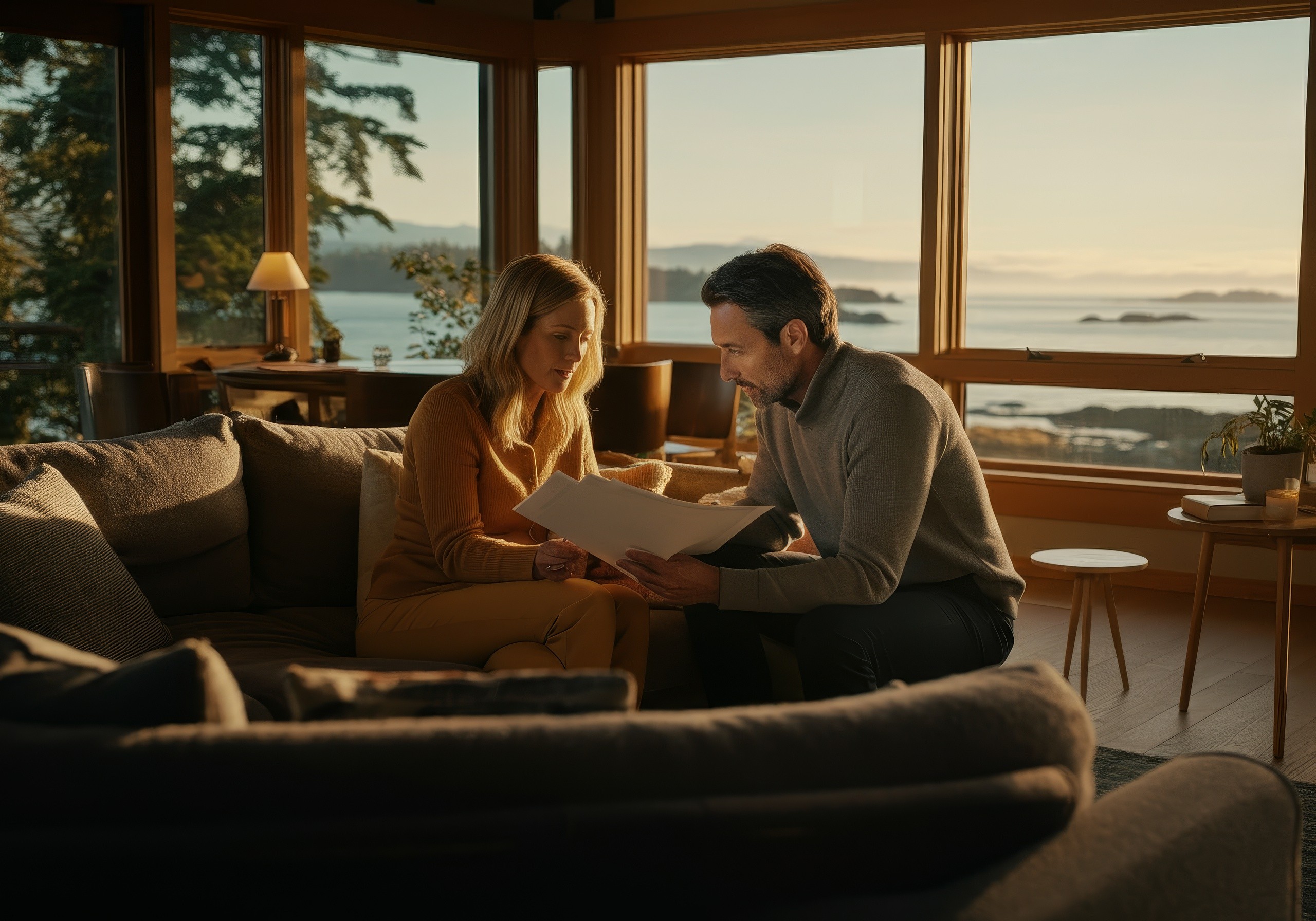A couple reviewing document on a sofa in a coastal home
