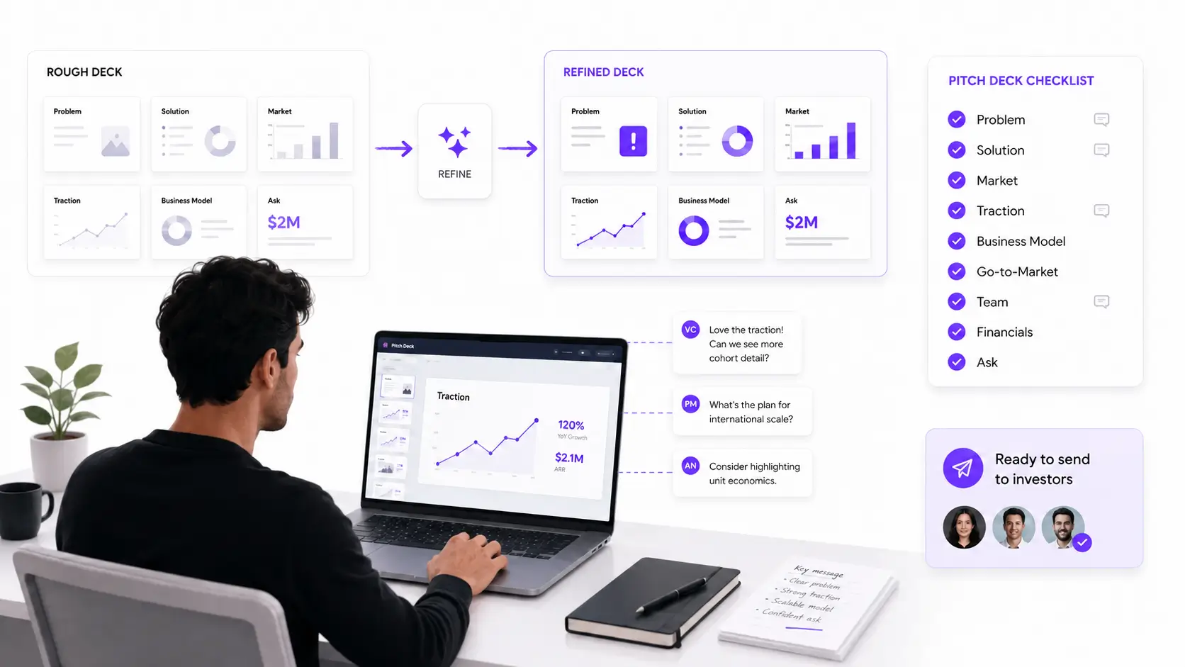 Founder reviewing pitch deck before fundraising