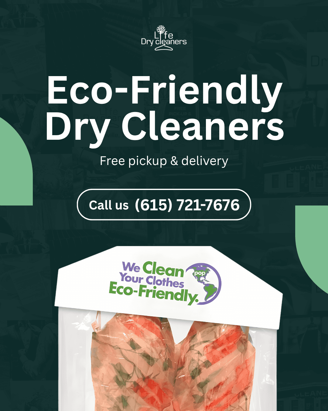 Green promotional graphic for eco-friendly dry cleaning service with laundry bag illustration and contact number