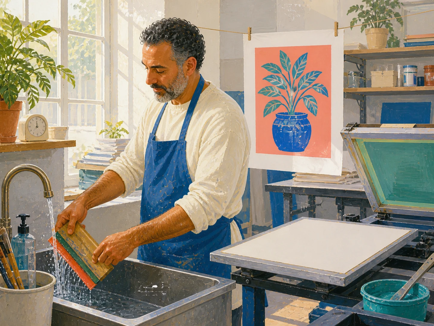 A printmaker stops at a clean checkpoint by washing tools while one print dries and the next sheet waits.