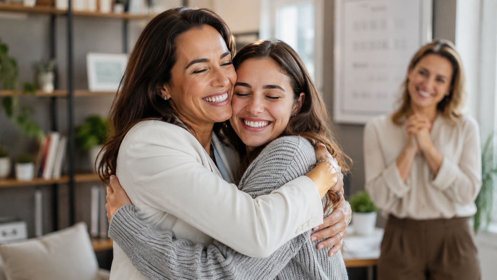 Two women embracing warmly while a third woman smiles in the background, promoting team support.