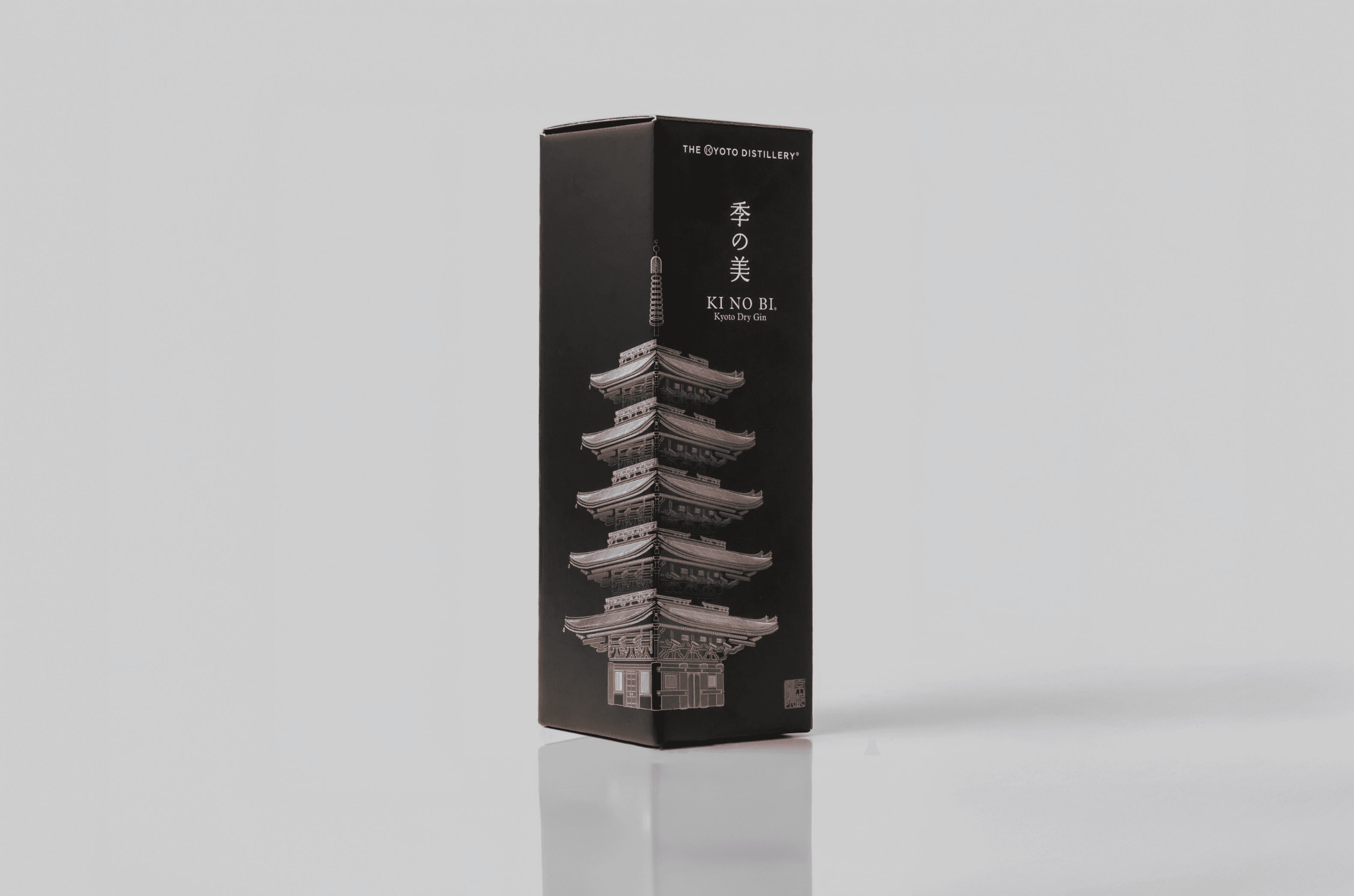 Close up of the Ki No Bi limited-edition packaging showing the detailed pagoda illustration on a black box.