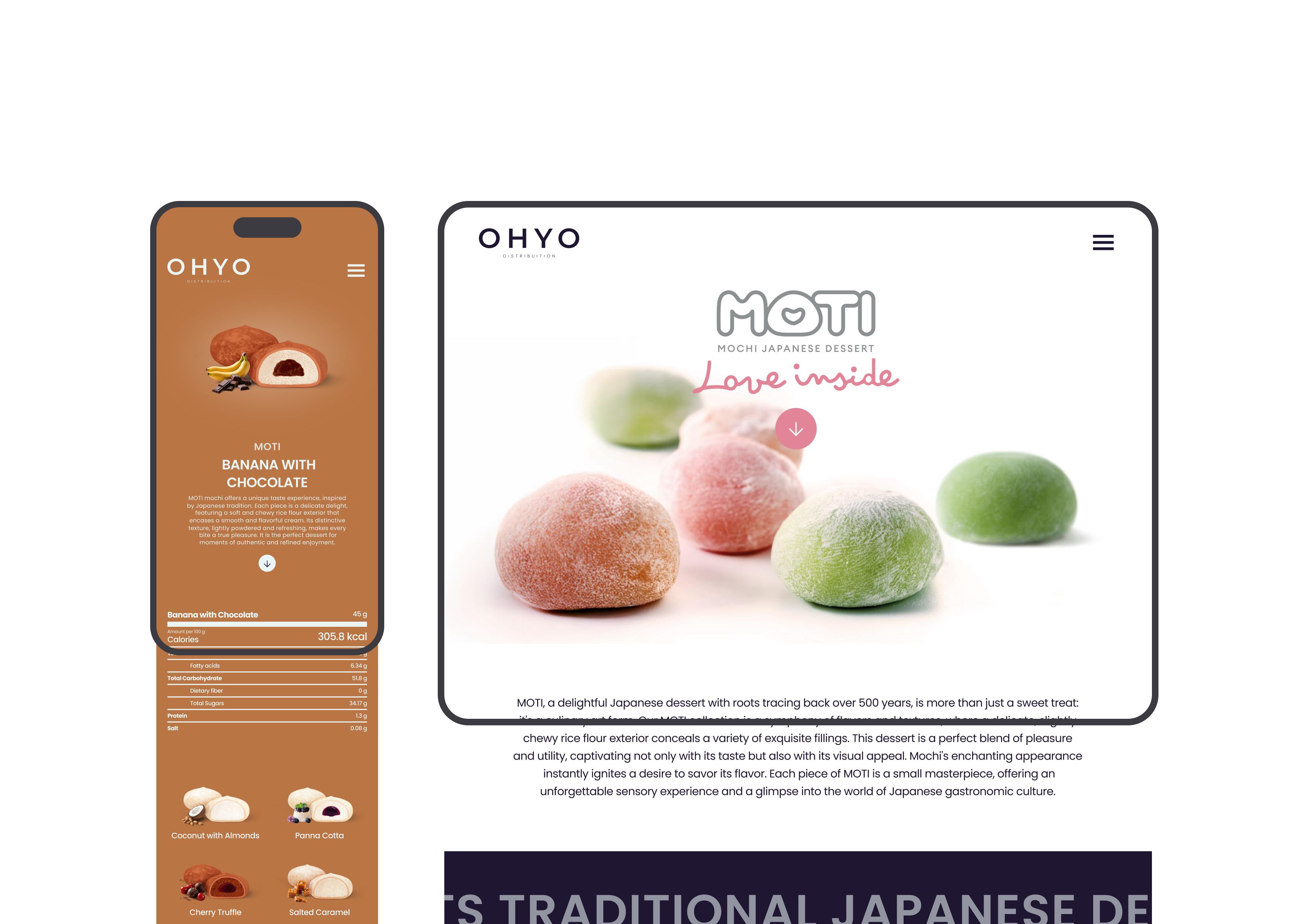 MOTI product page displaying Banana with Chocolate mochi and MOTI brand hero section with tagline “Love inside”.