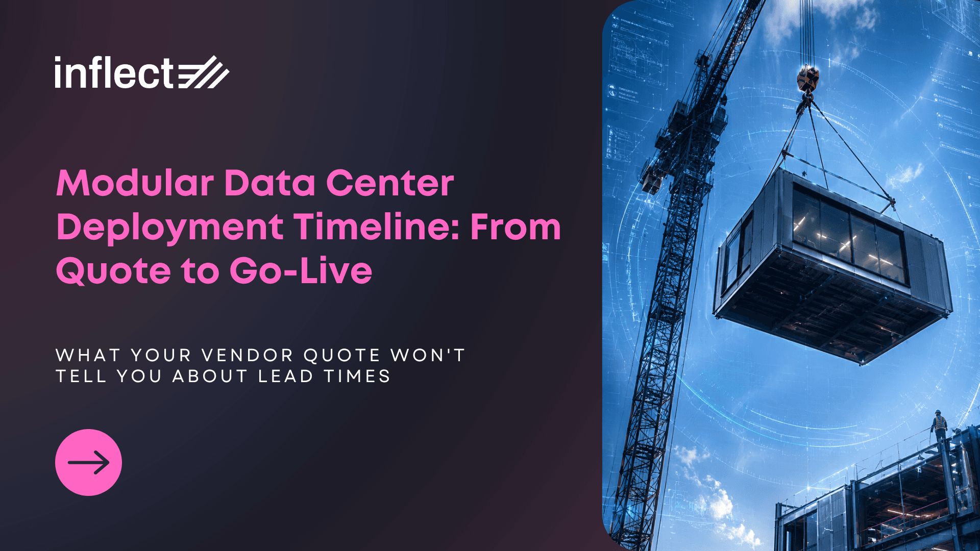 A crane lifting a prefabricated modular data center unit at a construction site, illustrating the modular data center deployment and installation process from contract to go-live.