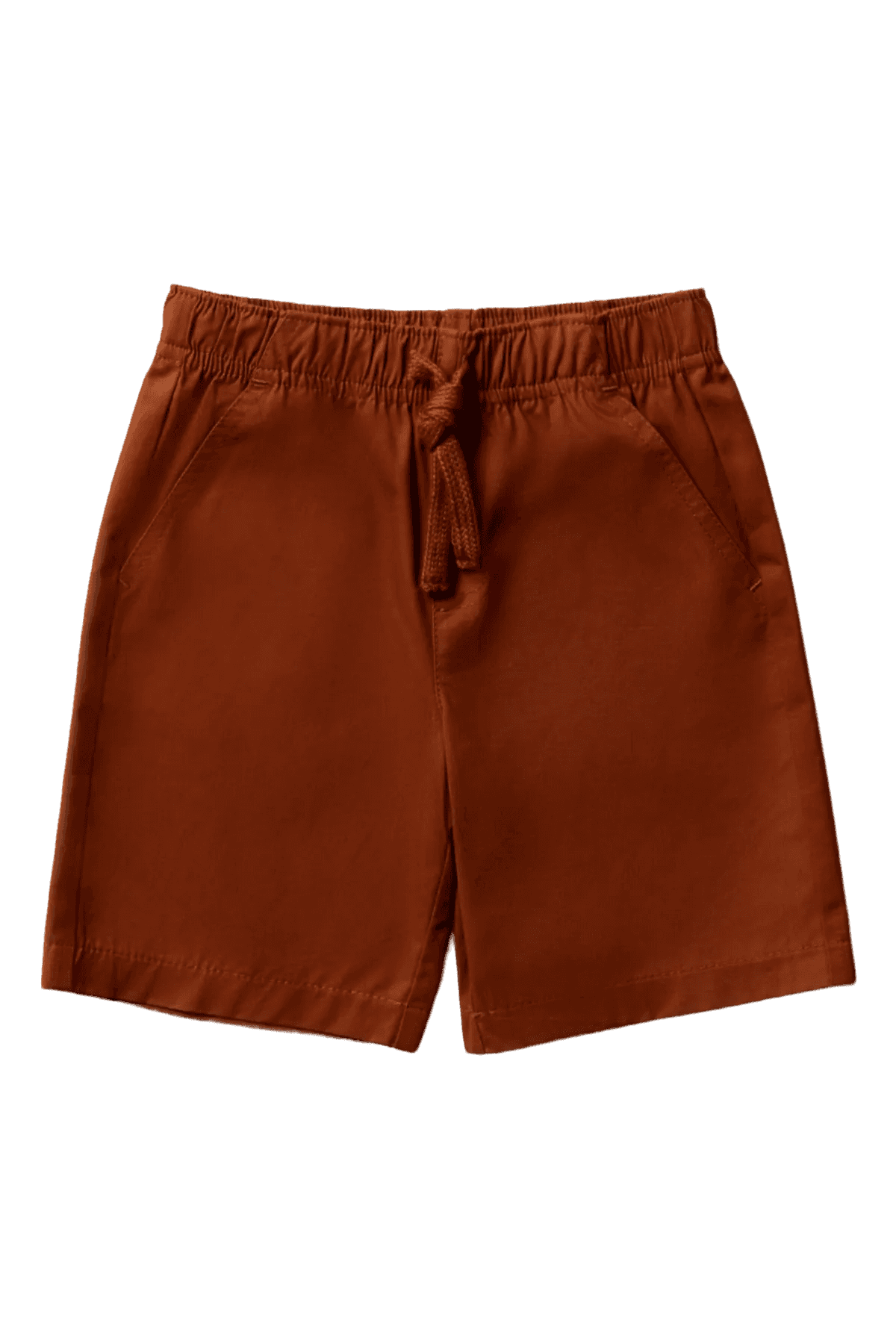 A pair of brown shorts with a drawstring waistband and pockets, displayed against a dark blue background.