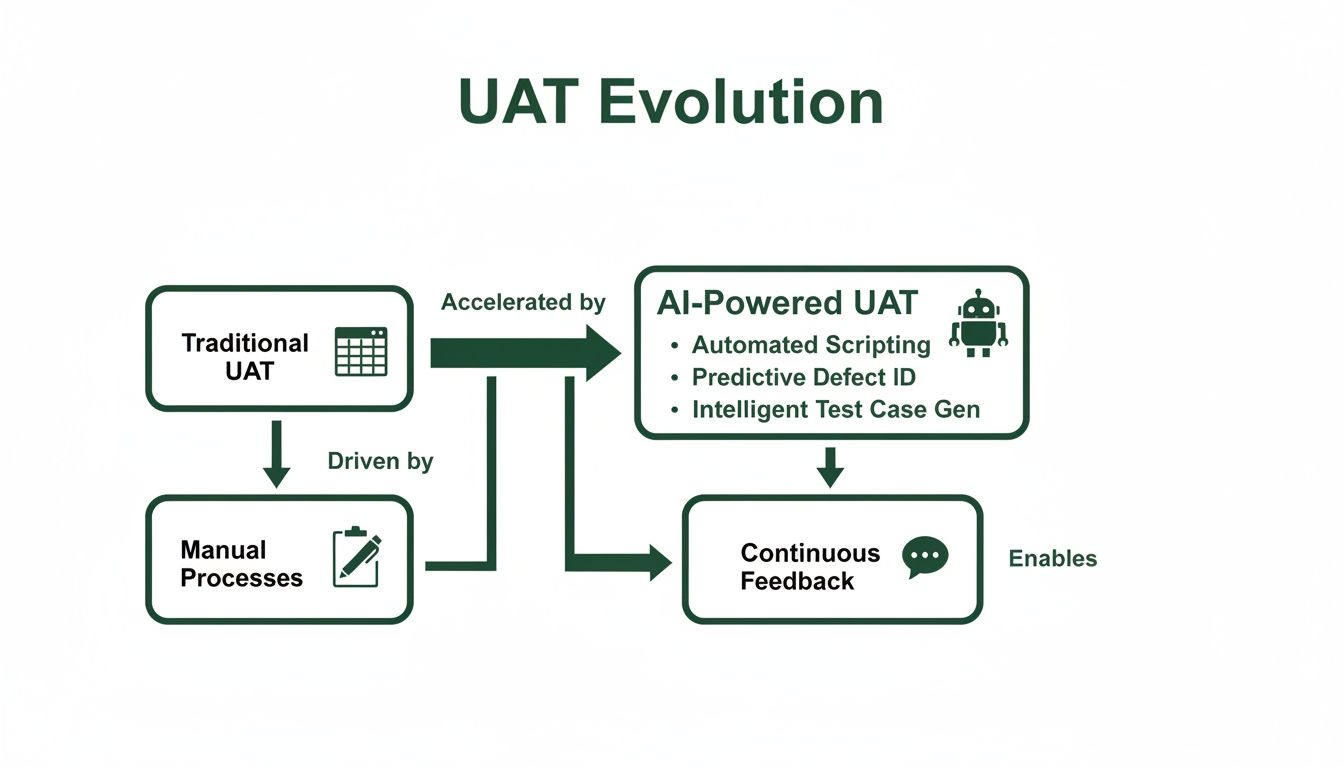 Diagram illustrating the evolution of User Acceptance Testing (UAT) from traditional manual processes to AI-powered automation and continuous feedback.