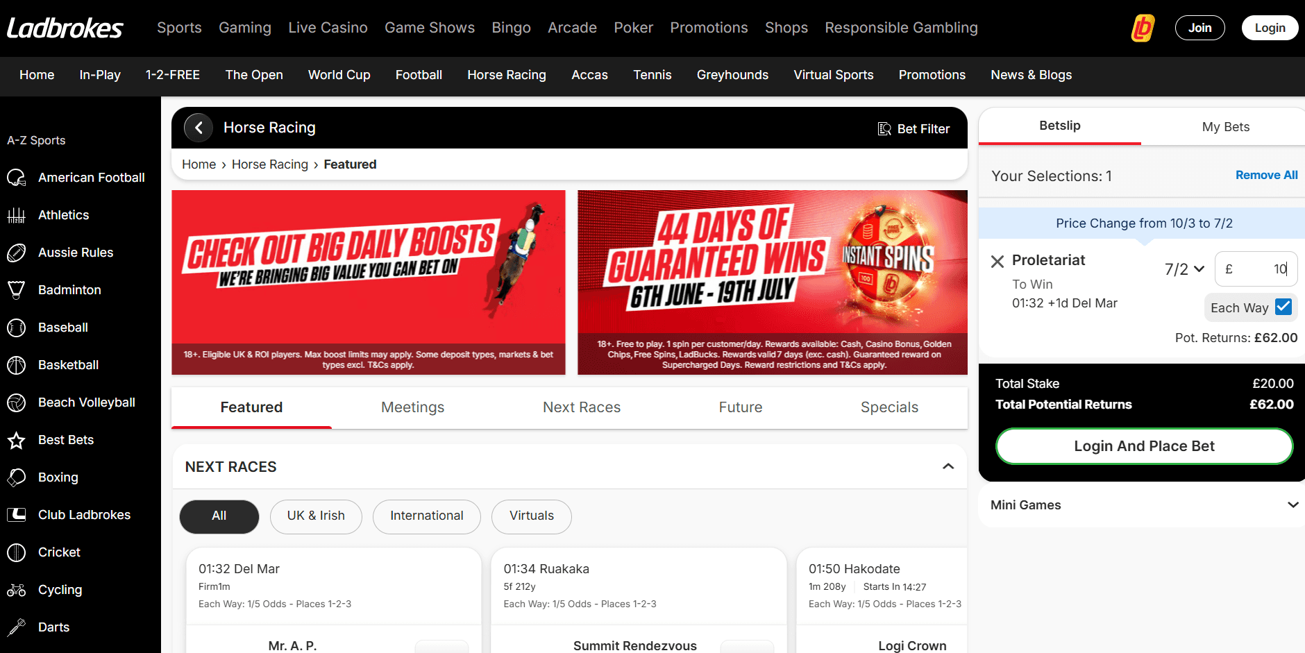 Ladbrokes each way betting slip showing a $10 each way horse racing bet