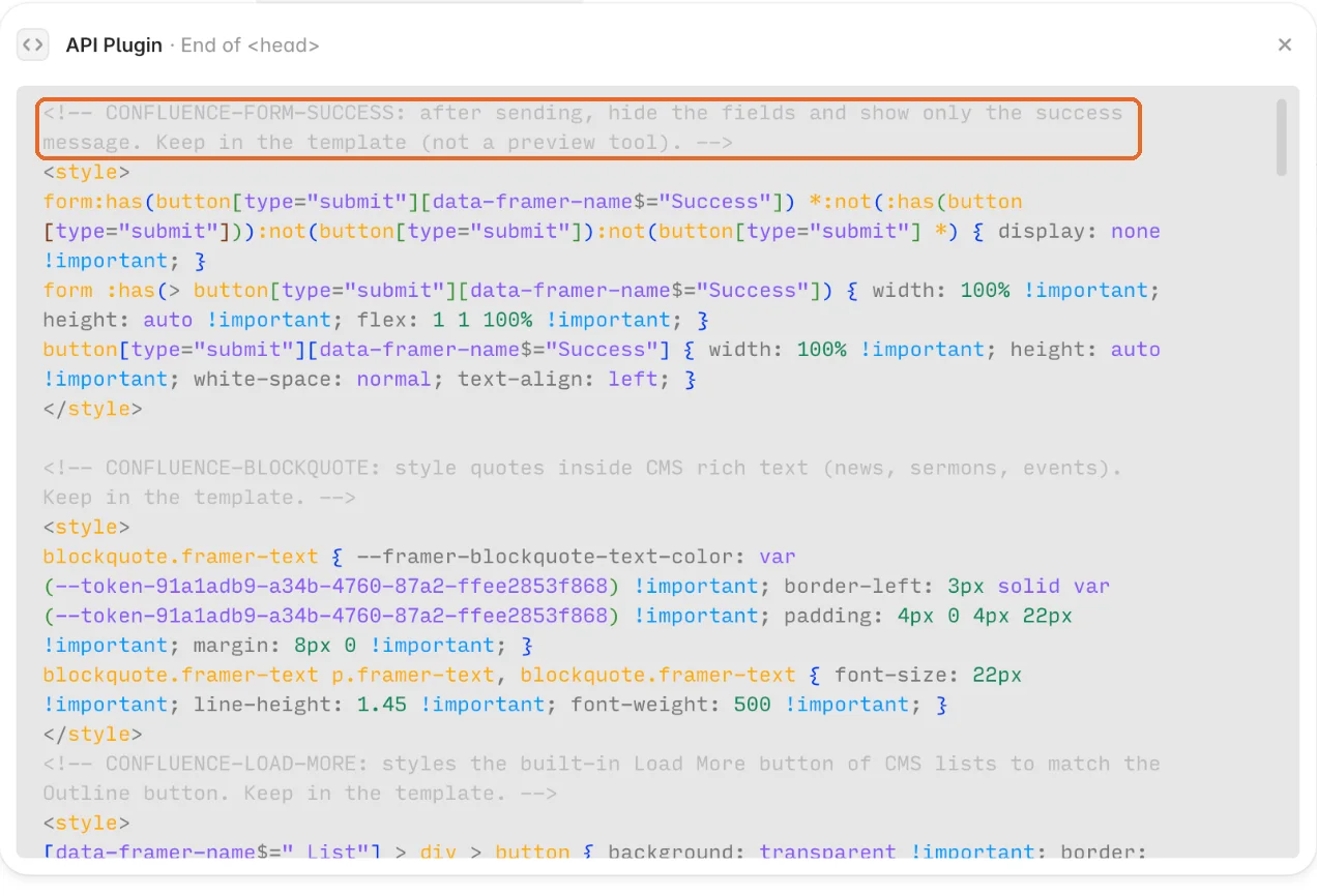 An opened custom code entry with its CONFLUENCE comment marked
