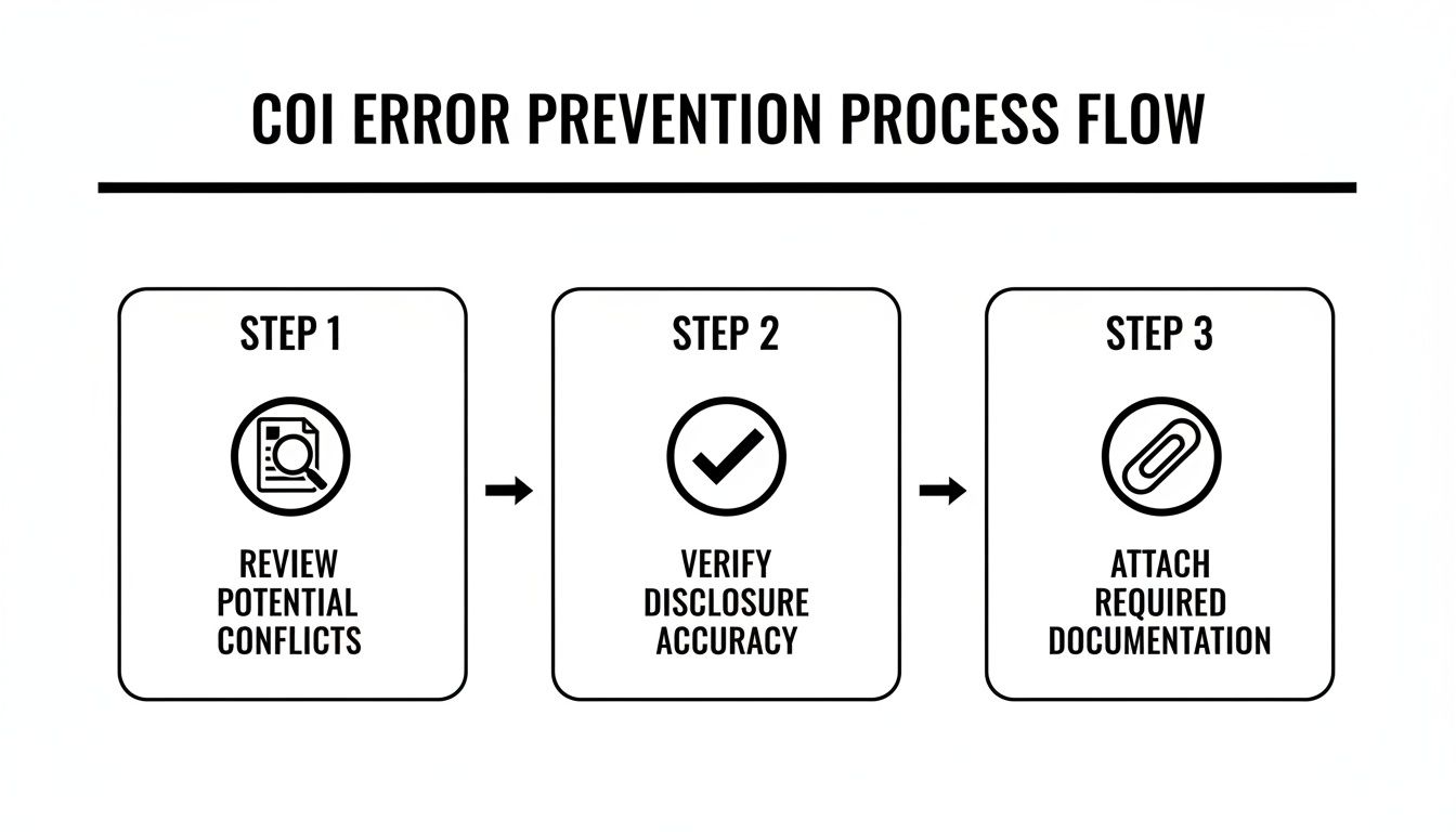 Process flow for COI error prevention, showing steps to review conflicts, verify accuracy, and attach documents.