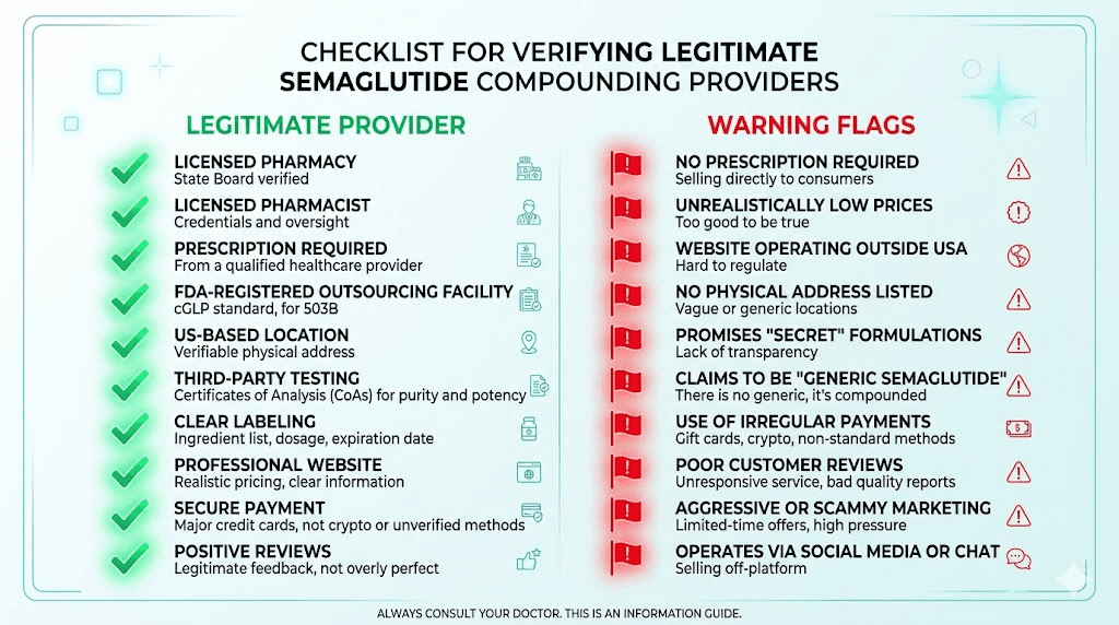 Verification checklist for finding safe affordable compounded semaglutide providers