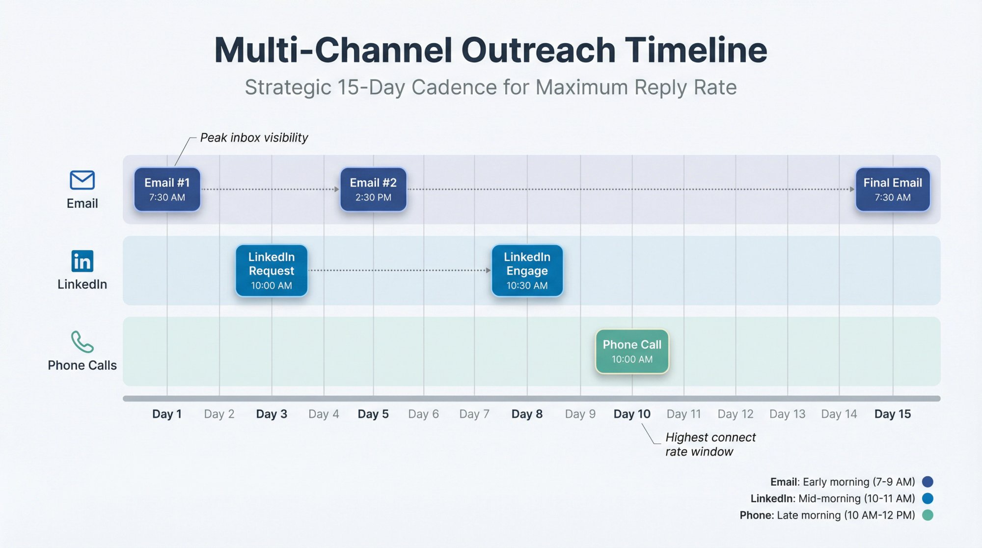 15-day multi-channel outreach timeline showing strategic coordination of email, LinkedIn, and phone touchpoints at optimal times