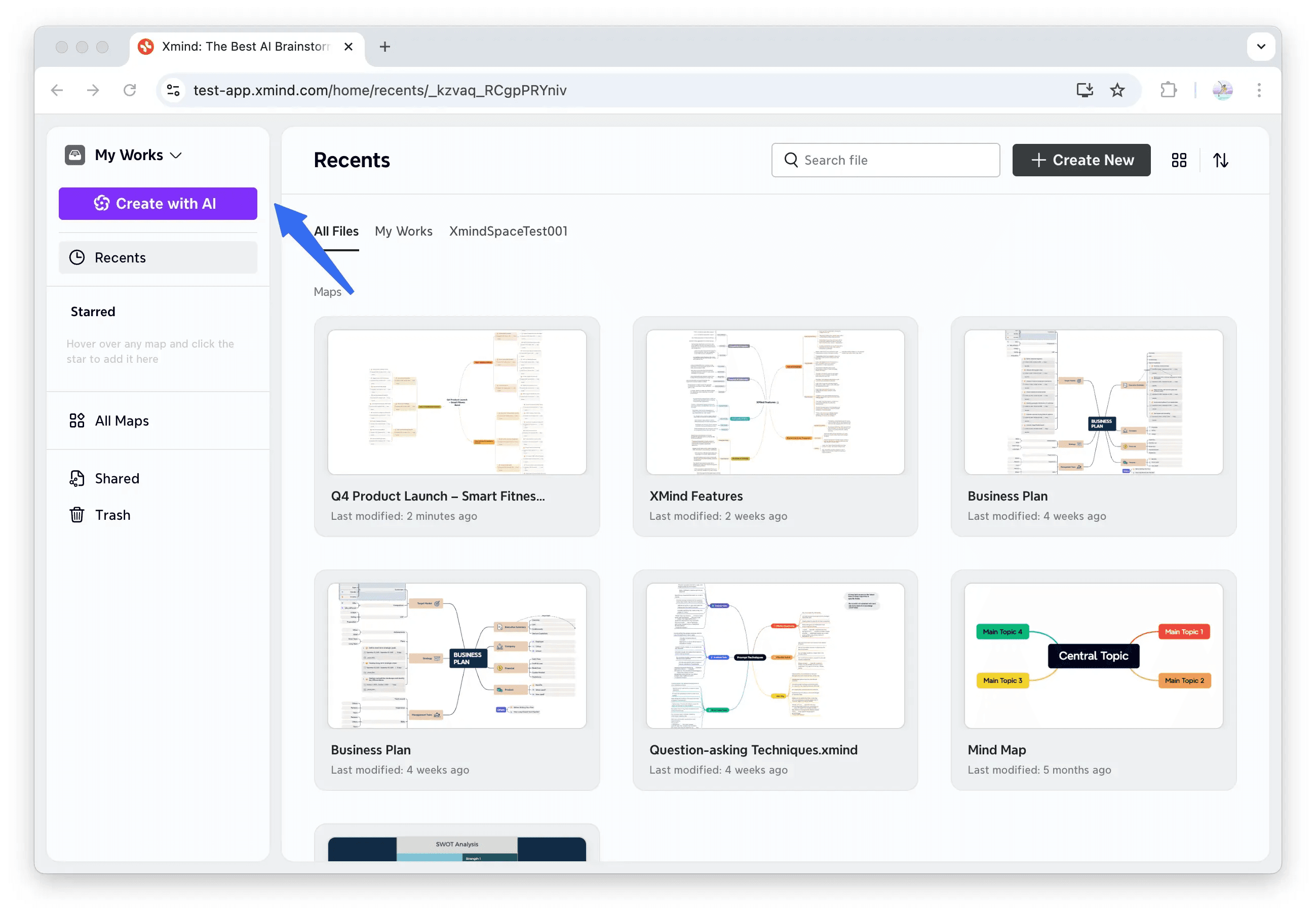 Xmind interface with mind map thumbnails displayed