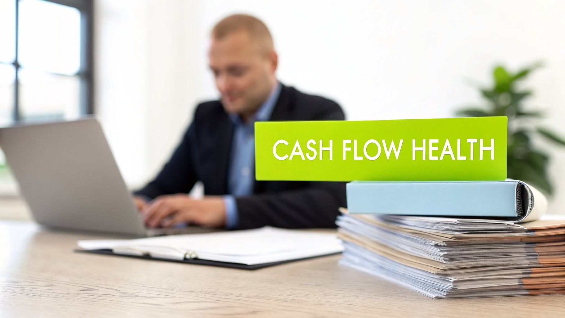 Businessman reviews financial documents with a 'CASH FLOW HEALTH' sign visible on his desk.